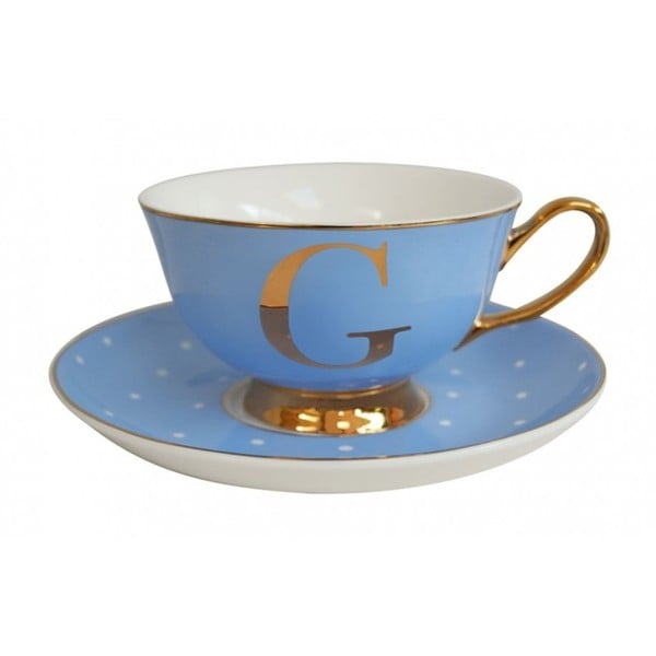 Modrý hrnček s tanierikom s písmenom G Bombay Duck