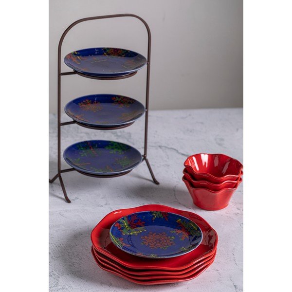 Súprava 4 modro-červených dezertných tanierov z kameniny Casafina Snowflake, ø 21,6 cm-image-1