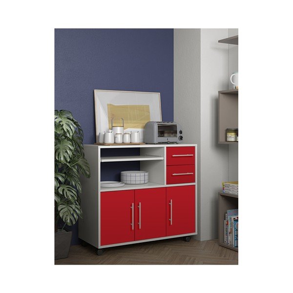 Červeno-biely pojazdný kuchynský úložný systém s policami TemaHome Marius-image-4