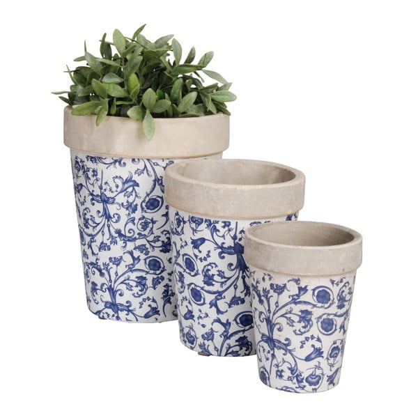 Sada 3 modro-bielych keramických kvetináčov Esschert Design