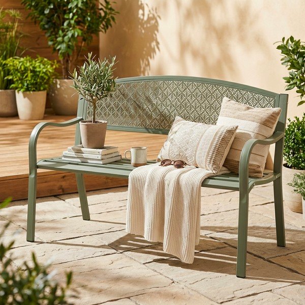 Kaki kovová záhradná lavica Lizette – Bizzotto-image-1