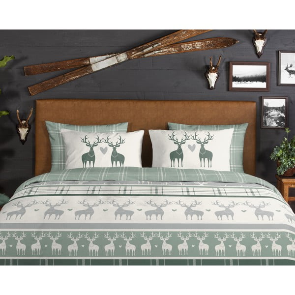 Zeleno-krémové predĺžené flanelové obliečky na dvojlôžko 200x220 cm Bjirk – Good Morning-image-2