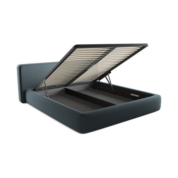 Modrá čalúnená dvojlôžková posteľ s úložným priestorom s roštom 180x200 cm Kiana – Makamii-image-3