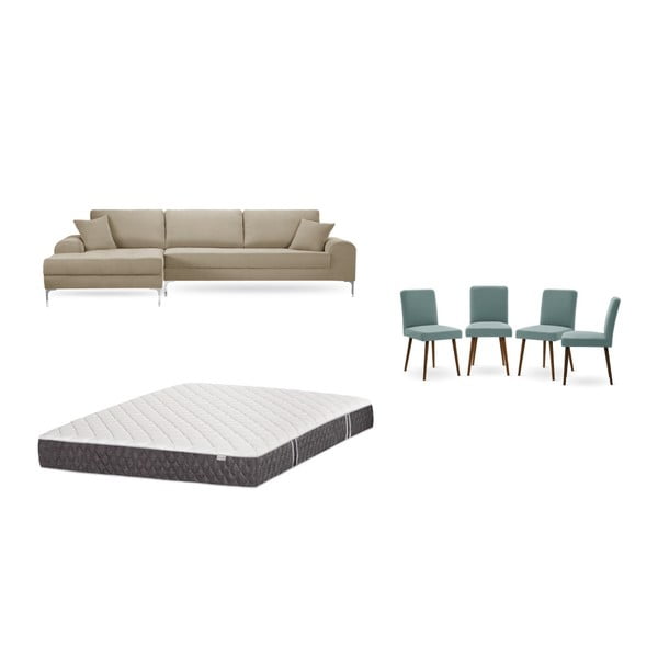 Set sivobéžovej pohovky s leňoškou vľavo, 4 sivozelených stoličiek a matraca 160 × 200 cm Home Essentials
