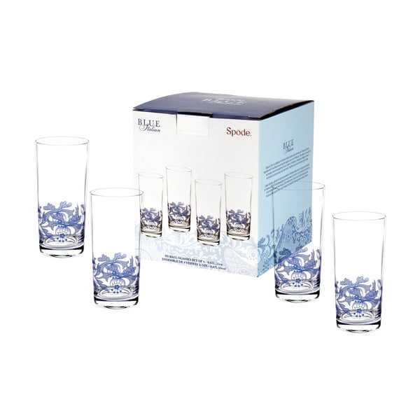Sada 4 bielo-modrých sklenených pohárov Spode Blue Italian, 420 ml