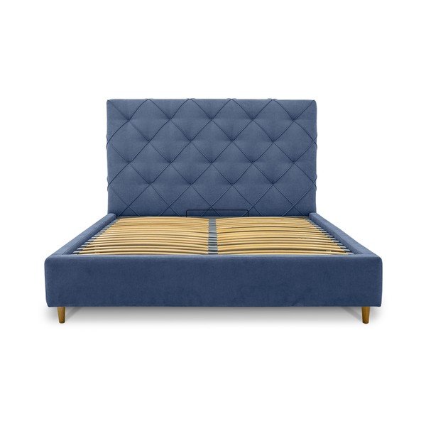 Modrá čalúnená dvojlôžková posteľ s úložným priestorom a roštom 160x200 cm Bee – Scandic-image-3