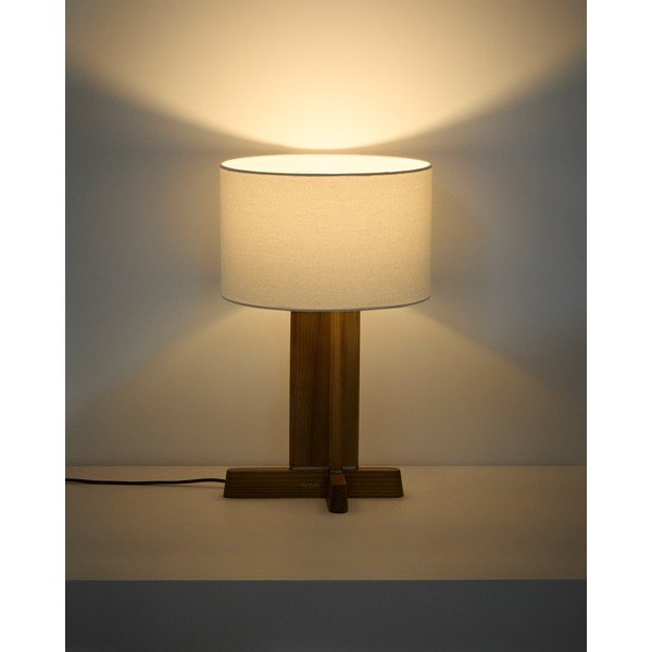 Biela/hnedá stolová lampa z kaučukového dreva s textilným tienidlom (výška  48 cm) Niani – Kave Home-image-2
