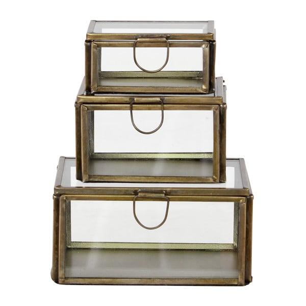 Set 3 sklenených boxov Brass Antique