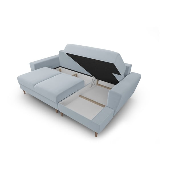 Svetlomodrá zamatová rozkladacia/s úložným priestorom rohová pohovka (pravý roh/s leňoškou) Kyoto – Cosmopolitan Design-image-3