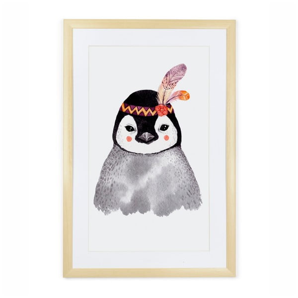 Obraz v drevenom ráme Tanuki Pinguin, 60 × 40 cm