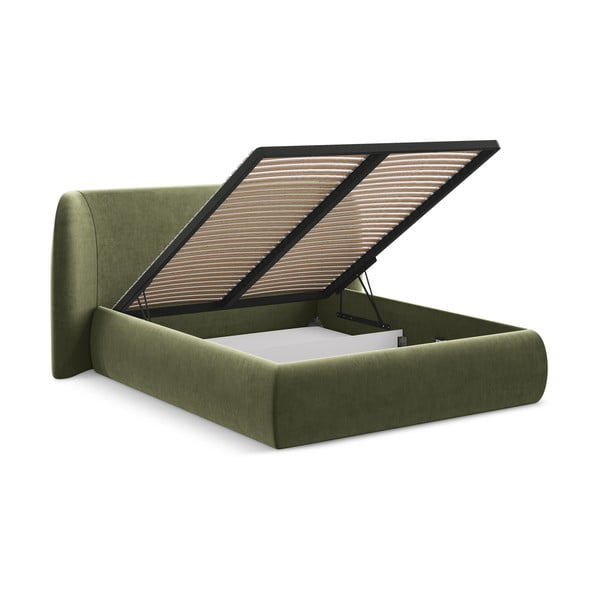 Zelená čalúnená dvojlôžková posteľ s úložným priestorom s roštom 140x200 cm Hauke – Makamii-image-2
