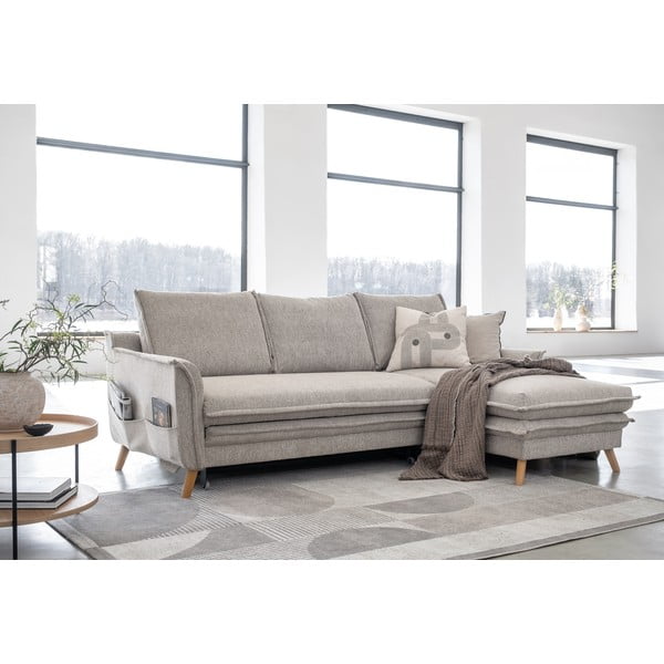 Sivobéžová rozkladacia/s úložným priestorom rohová pohovka (pravý roh/s leňoškou) Charming Charlie – Miuform-image-3