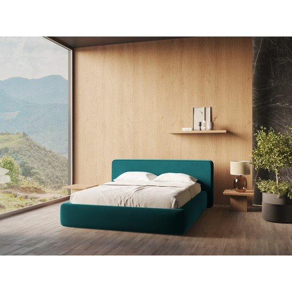Tyrkysovomodrá čalúnená dvojlôžková posteľ s úložným priestorom s roštom 180x200 cm Kiana – Makamii-image-1