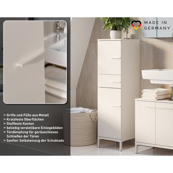 Krémovobiela matná vysoká/úzka kúpeľňová skrinka 34x123 cm Laurino – Germania-image-4