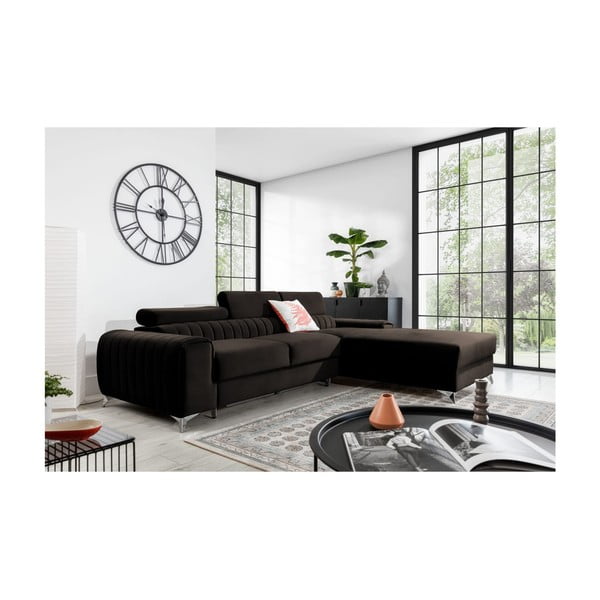 Tmavohnedá zamatová rozkladacia/s úložným priestorom rohová pohovka (pravý roh/s leňoškou) Grayson – ELTAP-image-1