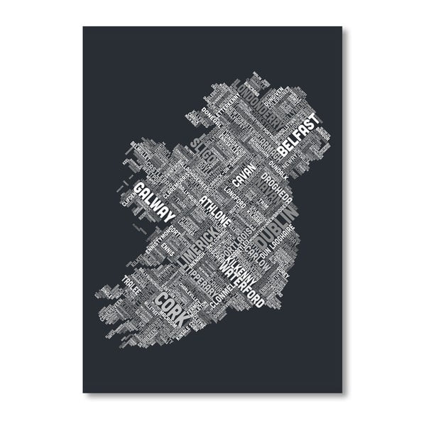 Čierny plagát s mapou Írska Americanflat Towns, 60  ×   42 cm