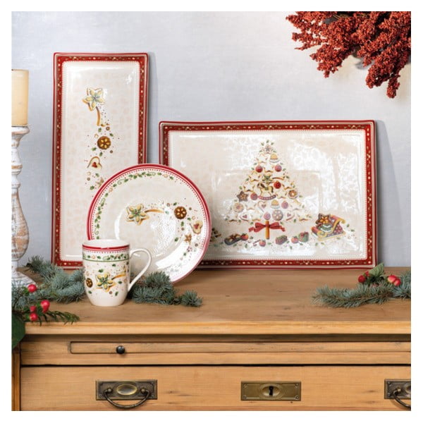 Červený a béžový porcelánový tanier s vianočným motívom Villeroy & Boch, 39,7 x 17,3 cm