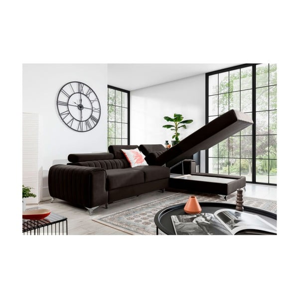 Tmavohnedá zamatová rozkladacia/s úložným priestorom rohová pohovka (pravý roh/s leňoškou) Grayson – ELTAP-image-3