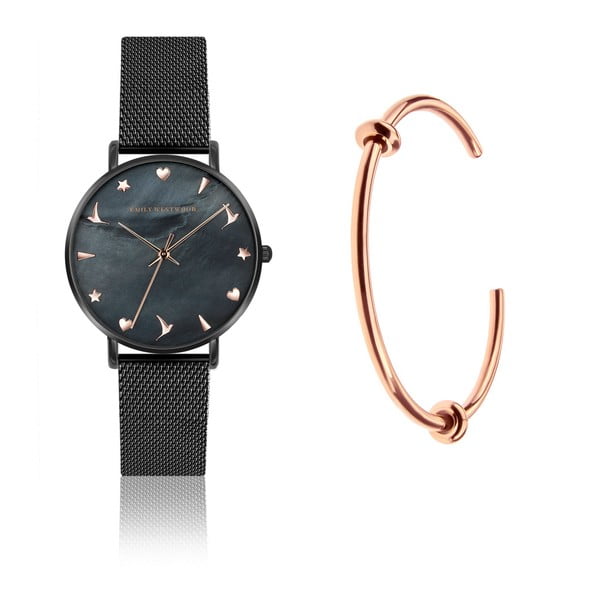 Set dámskych hodiniek s antikoro remienkom v čiernej farbe a náramku Emily Westwood Minza