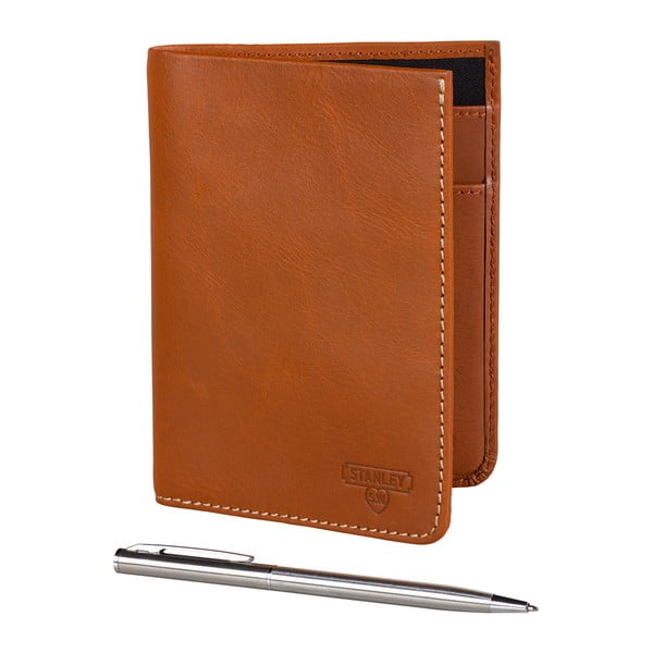 Hnedá kožená peňaženka s guľôčkovým perom Stanley Tools