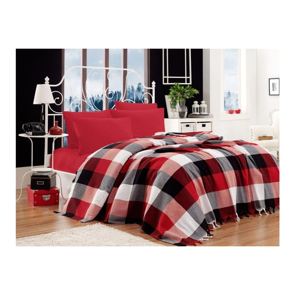Set bavlneného plédu cez posteľ, plachta a 2 obliečky na vankúš Iskoc Red Black White, 200 x 240 cm