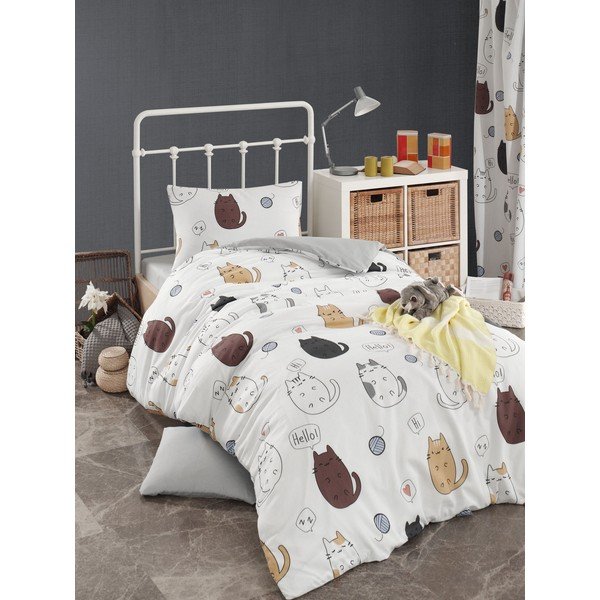 Obliečky s plachtou na jednolôžko Eponj Home Hello Cats White, 160 x 220 cm