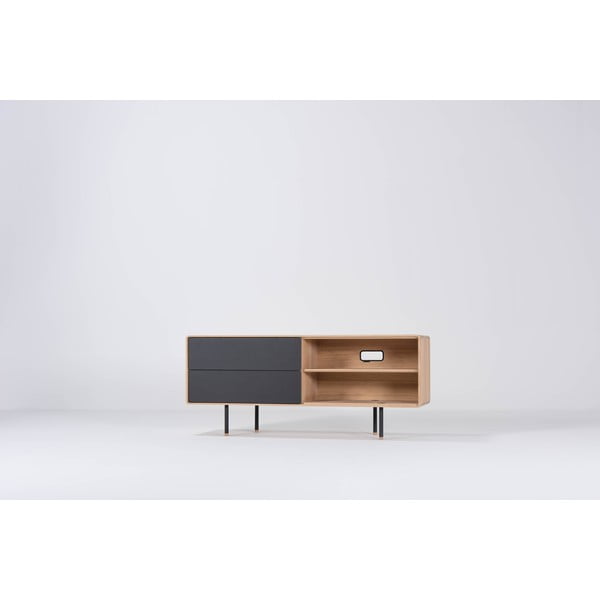 TV stolík z dubového dreva v čierno-prírodnej farbe 150x64 cm Fina – Gazzda-image-4