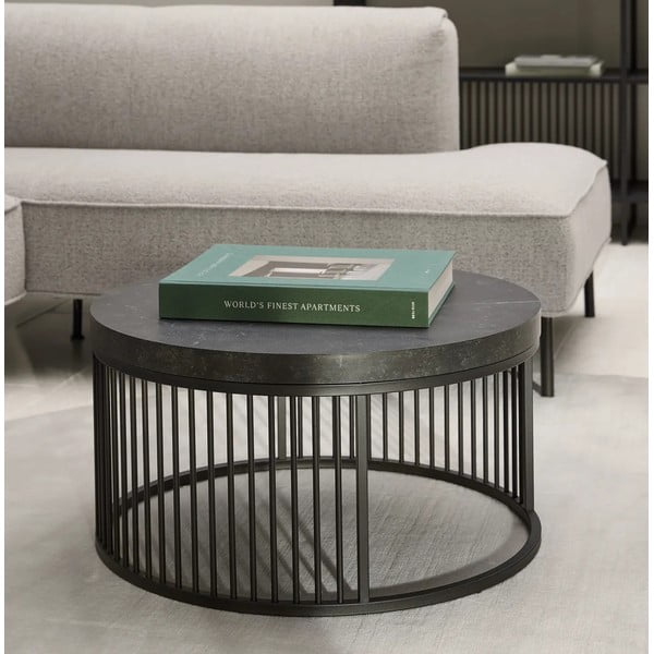 Čierny okrúhly konferenčný stolík s doskou v dekore mramoru ø 65 cm Strington – Actona-image-1