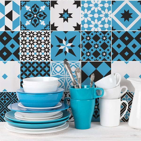 Sada 24 nástenných samolepiek Ambiance Wall Decal Cement Tiles Azulejos Ranjita, 10 × 10 cm