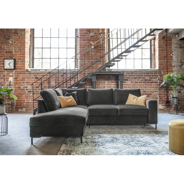 Tmavosivá zamatová rozkladacia rohová pohovka (ľavý roh) Lofty Lilly – Miuform-image-1