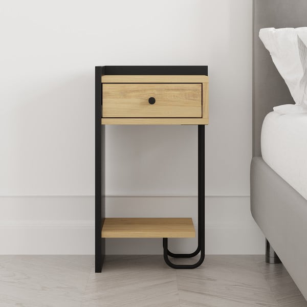 Čierny/v prírodnej farbe nočný stolík v dekore duba s poličkami Mercure – Marckeric-image-4