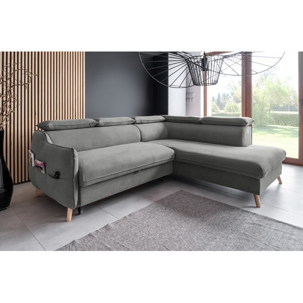 Svetlosivá zamatová rozkladacia rohová pohovka (pravý roh) Sweet Harmony – Miuform-image-3