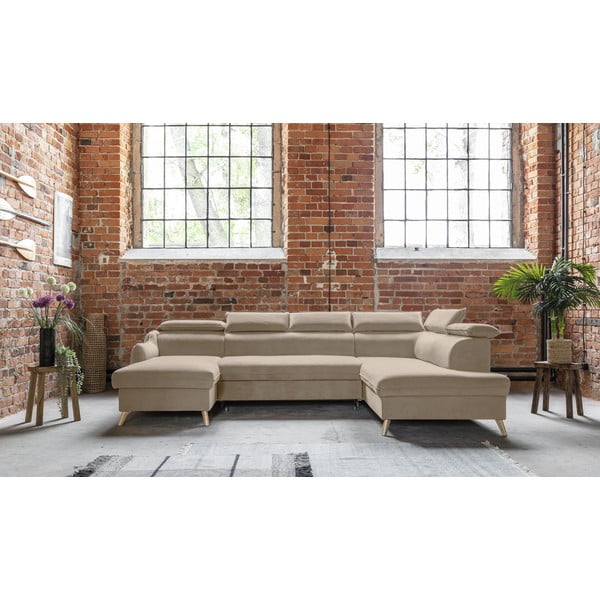 Béžová zamatová rozkladacia rohová pohovka do "U" (pravý roh) Sweet Harmony – Miuform-image-1