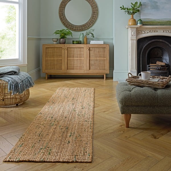 Obojstranný ručne tkaný jutový behúň v zeleno-prírodnej farbe 60x230 cm Jute Boucle Green – Flair Rugs-image-1