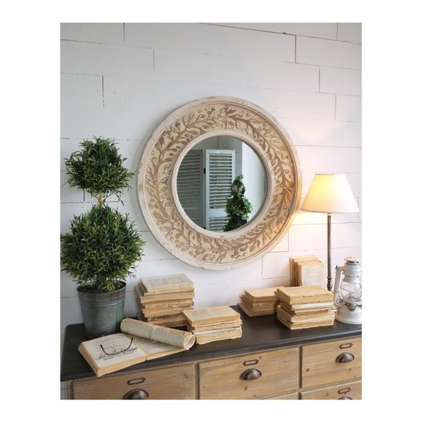 Okrúhle zrkadlo s rámom z topoľového dreva Orchidea Milano Ramage Antique White