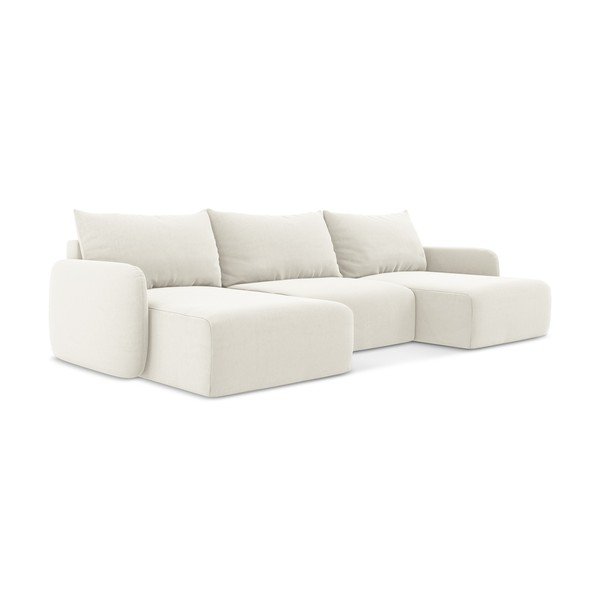 Krémová zamatová rozkladacia/s úložným priestorom rohová pohovka (do tvaru "U") Kalena – Makamii-image-2