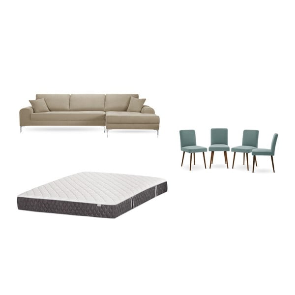 Set sivobéžovej pohovky s leňoškou vpravo, 4 sivozelených stoličiek a matraca 160 × 200 cm Home Essentials