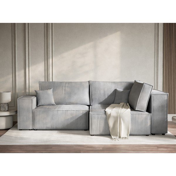 Sivá menčestrová rozkladacia/s úložným priestorom rohová pohovka (pravý roh/do L) Tonga – Maison de Rêve-image-1