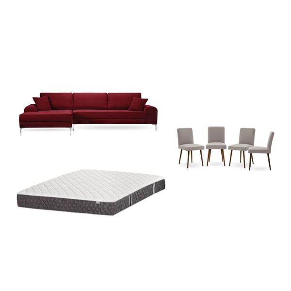 Set červenej pohovky s leňoškou vľavo, 4 sivobéžových stoličiek a matraca 160 × 200 cm Home Essentials