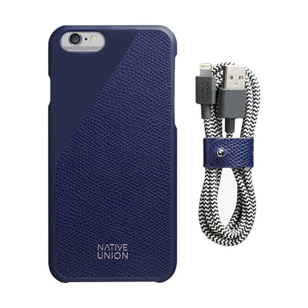 Set tmavomodrého obalu z pravej kože a nabíjacieho kábla pre iPhone 6 a 6S Plus Native Union Clic Leather Belt