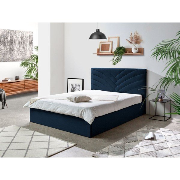 Tmavomodrá čalúnená dvojlôžková posteľ s úložným priestorom s roštom 160x200 cm Palmyre - Bobochic Paris-image-1