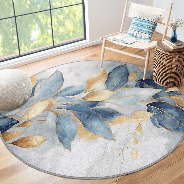 Prateľný okrúhly koberec v modrej a zlatej farbe ø 150 cm Golden Leaves – Mila Home-image-4