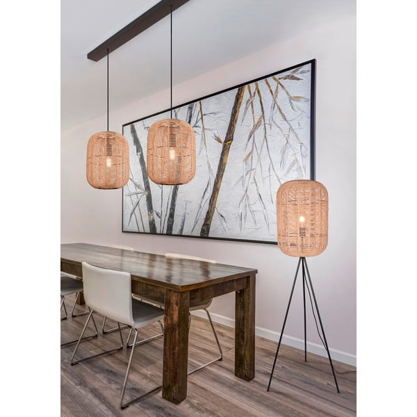 Béžová stojacia lampa s tienidlom z prútia a textilu (výška 150 cm) Runa – Trio-image-3