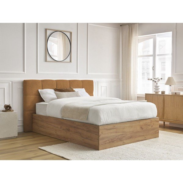 Okrovožltá čalúnená čalúnená/z drevotriesky dvojlôžková posteľ s úložným priestorom s roštom 160x200 cm Kumo – Bobochic Paris-image-3