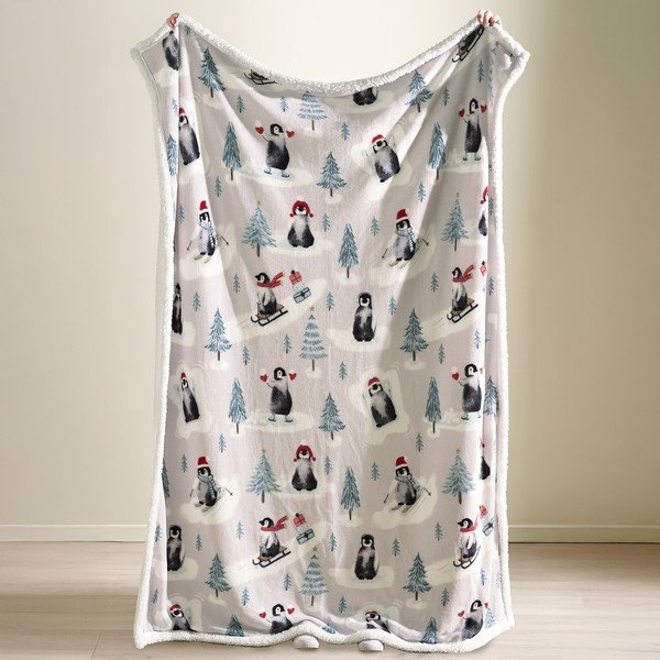 Biela deka s vianočným motívom 170x130 cm Christmas Sherpa Penguins – Catherine Lansfield-image-1