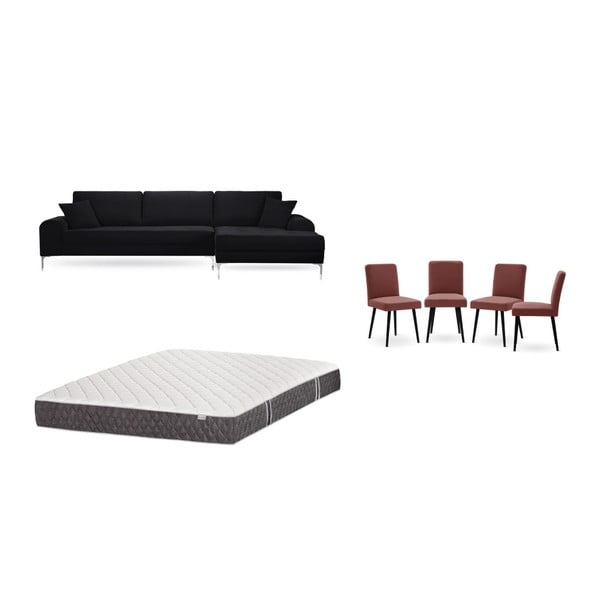 Set čiernej pohovky s leňoškou vpravo, 4 tehlovočervených stoličiek a matraca 160 × 200 cm Home Essentials