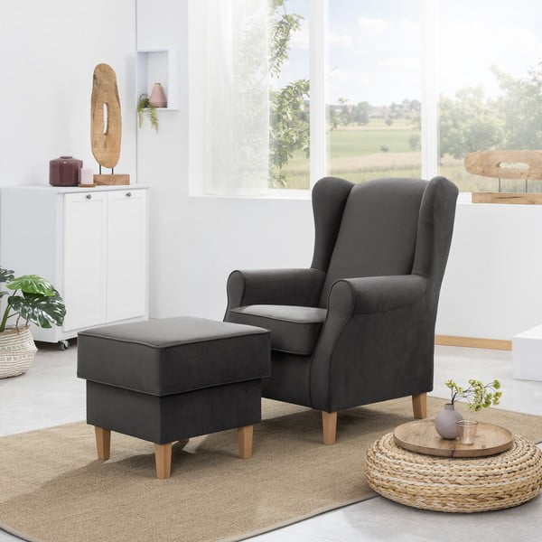 Antracitové zamatové kreslo ušiak s podnožkou Max Winzer Lorris-image-1