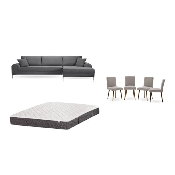 Set sivej pohovky s leňoškou vpravo, 4 sivobéžových stoličiek a matraca 160 × 200 cm Home Essentials