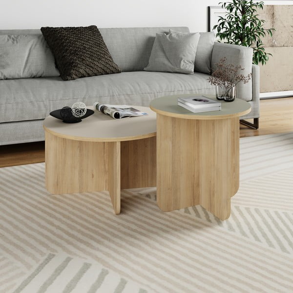 Krémovobiele/v prírodnej farbe okrúhle konferenčné stolíky v súprave 2 ks v dekore duba ø 70 cm Hillary – Marckeric-image-2