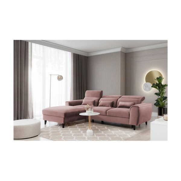 Ružová zamatová rozkladacia/s úložným priestorom rohová pohovka (ľavý roh/s leňoškou) Foble – ELTAP-image-3